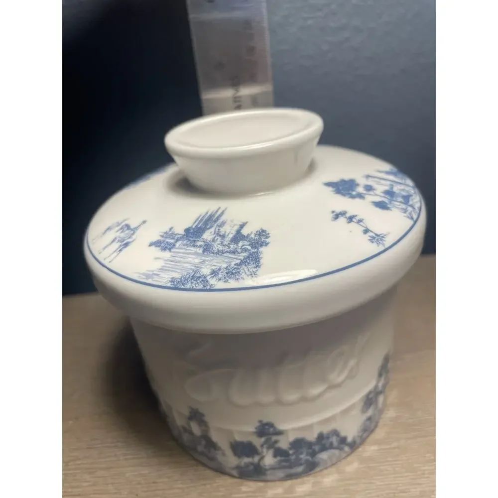 Blue White Toile French Butter Crock Keeper Ceramic Embossed Butter Dish